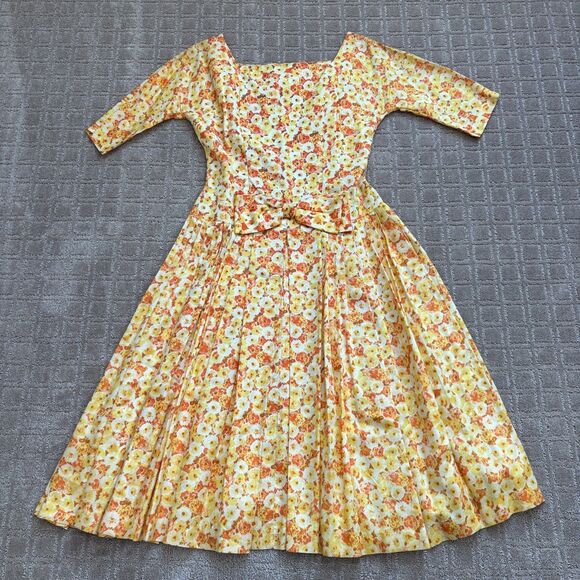 Unknown Dresses & Skirts - VTG Spring Floral Party Dress Bow Women's 15 / 6 Yellow Orange 1950s 60s Cottage